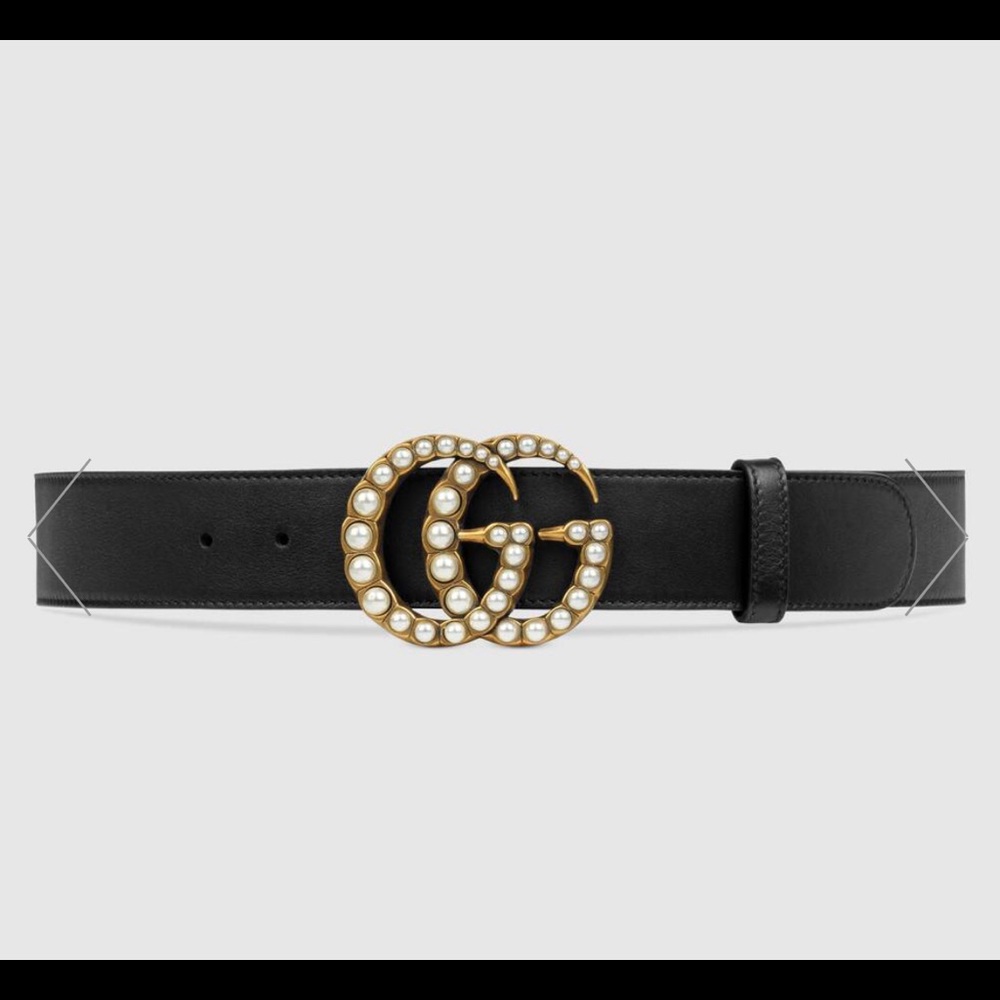 Gucci black leather belt with pearl GG 85